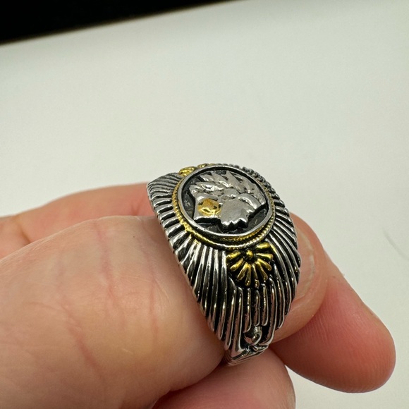 New Two Toned 925 Stamped Silver -Gold Color Native American Head Design Ring - Picture 10 of 16